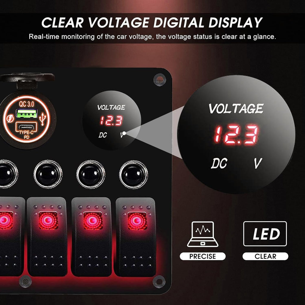 MKING 6 Gang Marine Switch Panel - Waterproof Rocker Switches with USB & Type-C Charger, Circuit Breaker, Digital Voltmeter, and Power Socket, Compatible with 12V-24V Vehicles