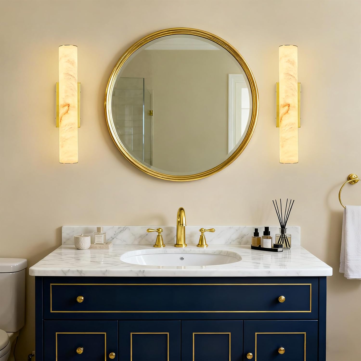 LMQNINE Natural Alabaster Wall Sconces Spanish Marble Wall Light Cylinder Modern Gold LED Sconce for Living Room Bedroom Bathroom Stairs（S-1Pack）