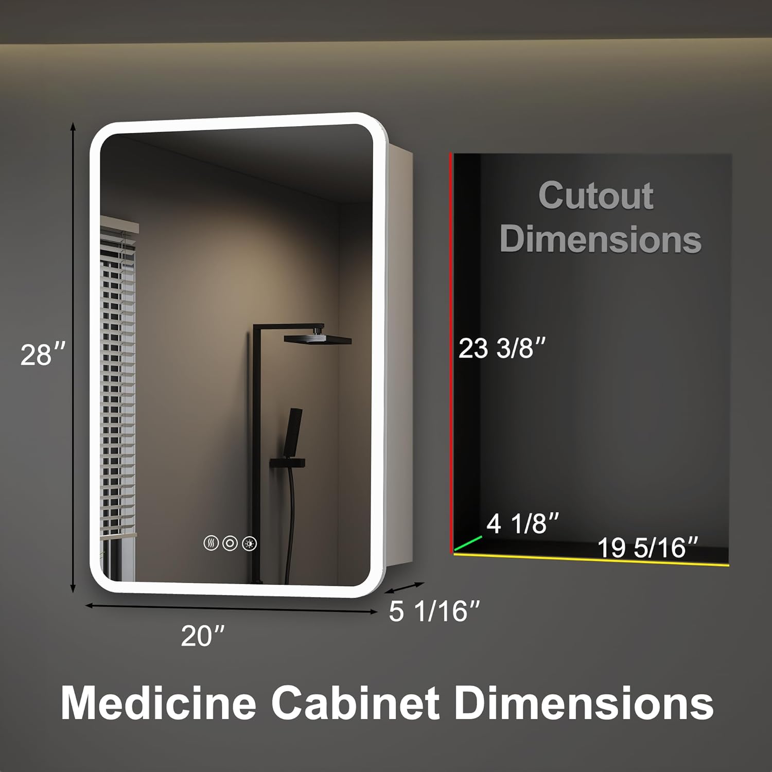 Medicine Cabinet with LED Lights and Mirror, 20 x 28 Inch Surface or Recessed Mounted Bathroom Cabinet with Door, Defogger, Memory Function, 3-Color Mode, Outlet&USB, Dimmer, Storage Shelf