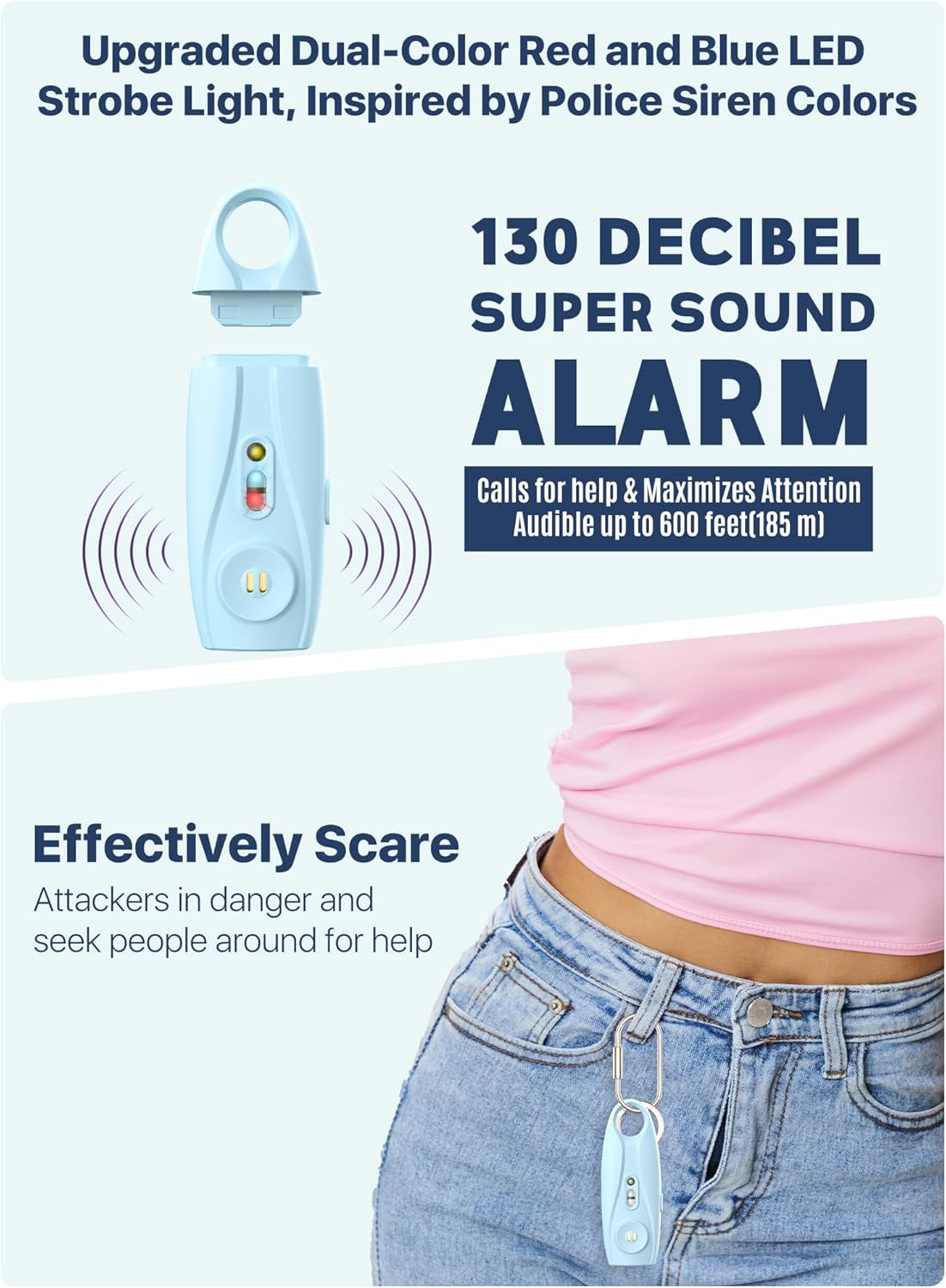 Rechargeable Personal Safety Alarm Keychain, Upgraded Dual-Color Red & Blue Strobe Light, LED Flashlight, 130dB Loud Siren, Safe Personal Alarm for Women, Kids and Elders