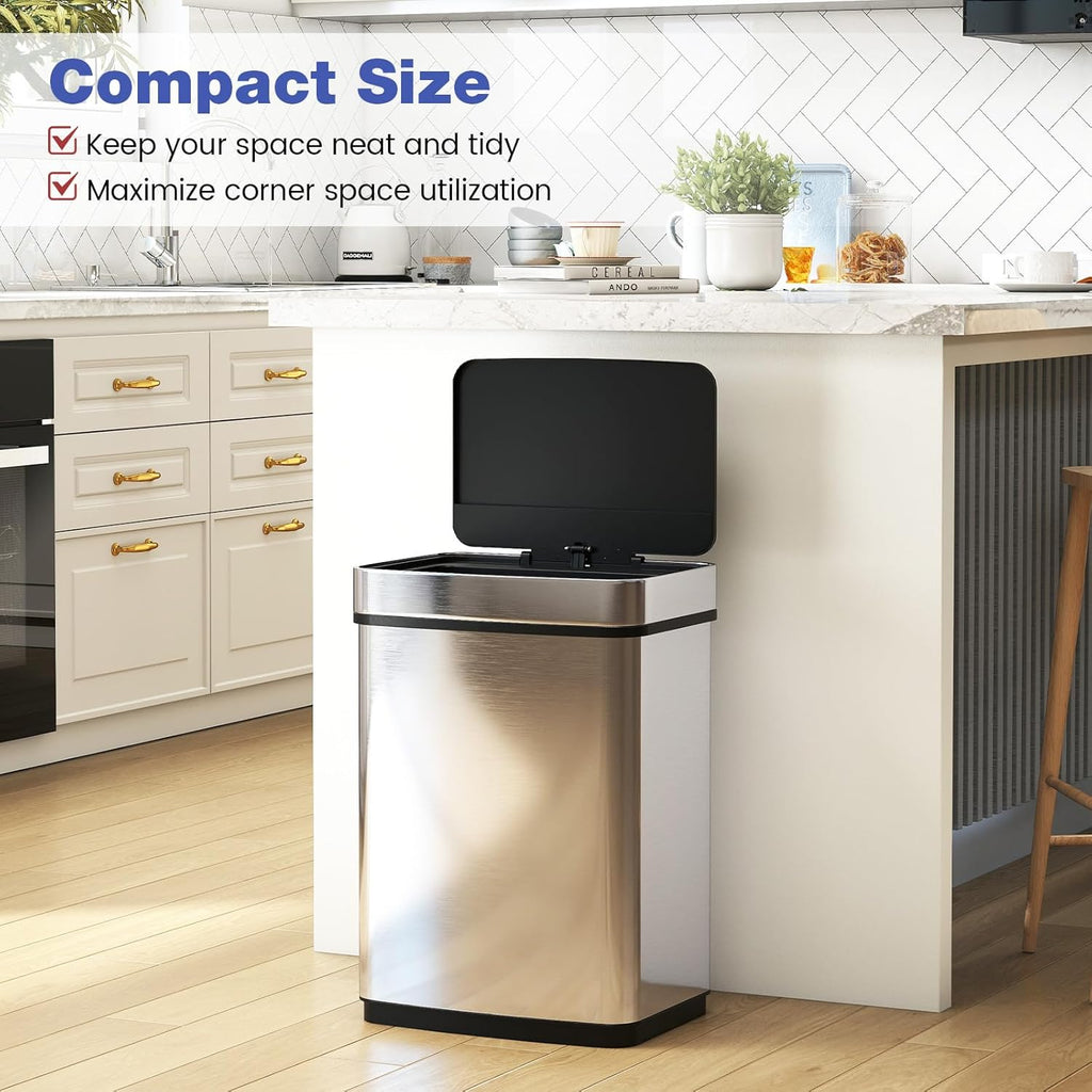 Goplus 16 Gal Automatic Trash Can, Stainless Steel Motion Sensor Trash Can with 2 Compartments, Quick Response & Soft Close Lid, Touchless Compact Garbage Bin for Kitchen, Bedroom, Bathroom and Office
