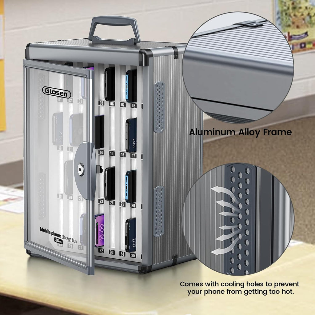 Glosen 36 Slots Cell Phone Locker, Portable Phone Storage Cabinet [Wall Mounted] [Aluminum Alloy] Cellphone Lock Box with Key & Handle for School Classroom Office Exam (Black)