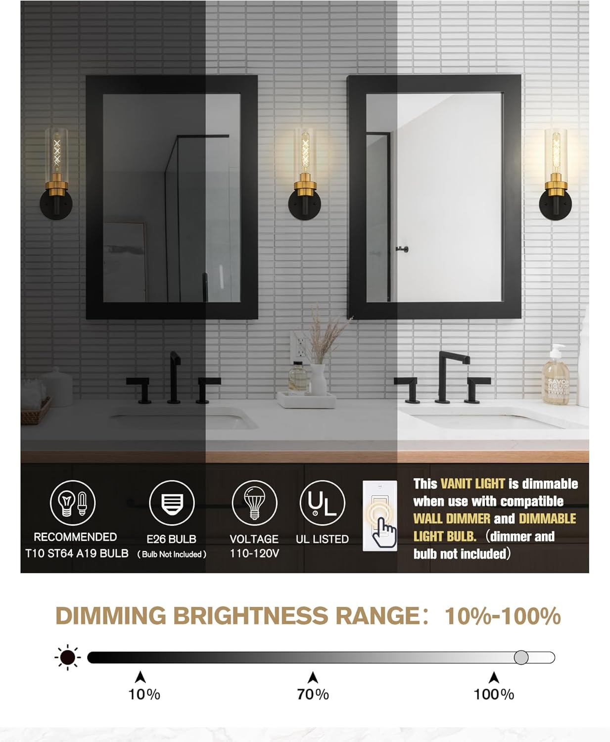 Emak Black and Gold Sconces Wall Lighting, Modern Vanity Lights with Clear Glass Shade, Wall Sconce for Bathroom, Bedroom, Living Room, Hallway, WS085-BKBGD