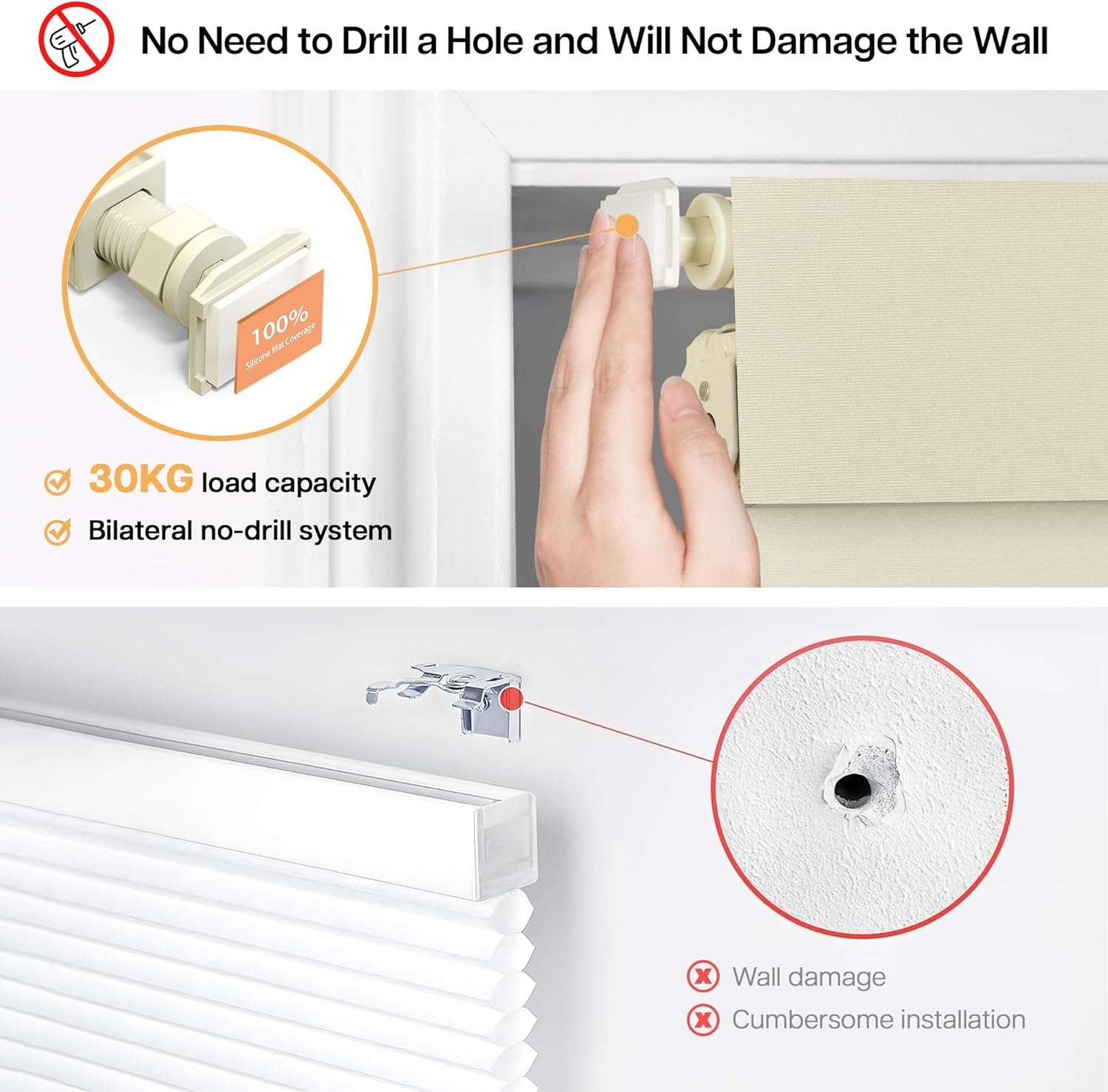 LazBlinds No Drill Blinds for Indoor Windows, Blackout Roller Shades, Cordless Window Blackout Blinds, Thermal Insulated Fabric UV Protection for Home and Office, 30.5" W x 48" H, Beige
