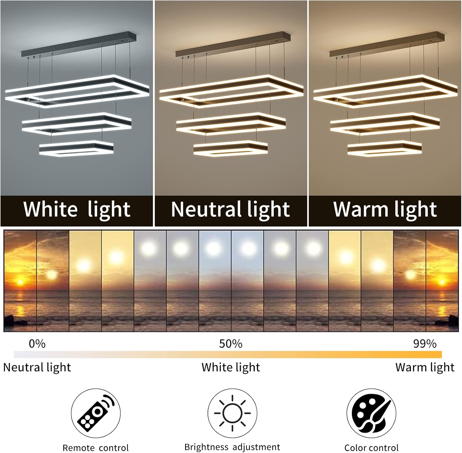 Modern Ceiling Pendant Light, LED Chandelier with Remote Control Dimmable 3 Color Mode & Brightness, Anti-Flicker Pendant Lights Kitchen Island Light Fixture for Dining Room Living Room
