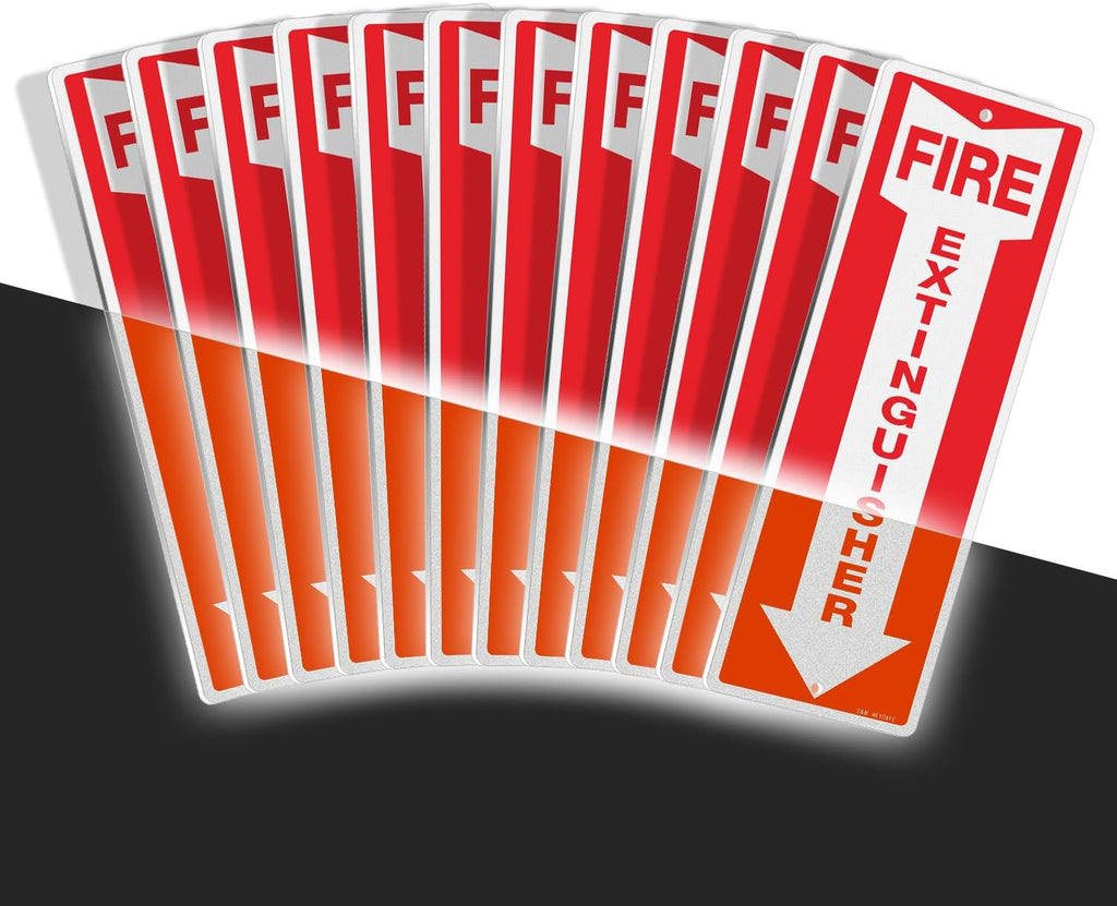 T&R Metal Fire Extinguisher Sign - 12 Pack - 12"x4" .040 Rust Free Heavy Aluminum, Reflective, Waterproof, Weatherproof and Fade Resistant, 2 pre-drilled holes, Easy to Install Indoors and Outdoors