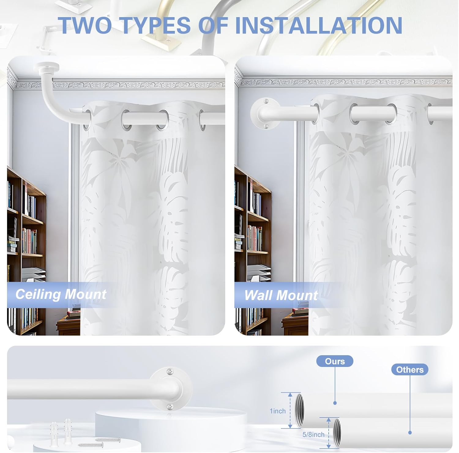 White Wrap Around Curtain Rods 36 to 72 Inch:Blackout Heavy duty Adjustable Window Curtain Rod for Bedroom,Industrial Darkening Curved French Metal Single Drapery Rods Easy Install,Pure White