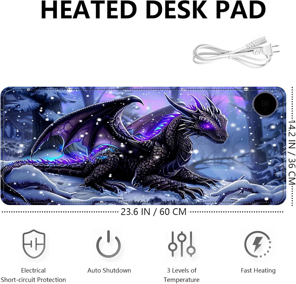 Heated Mouse Pad with 3 Levels Heated & 3 Hours Auto Shut-Off Mouse Pad for Warming Hands in Office Home, 23.6" x 14.2"Large Safe Desk Mat Hand Warmer，Purple Flying Dragon