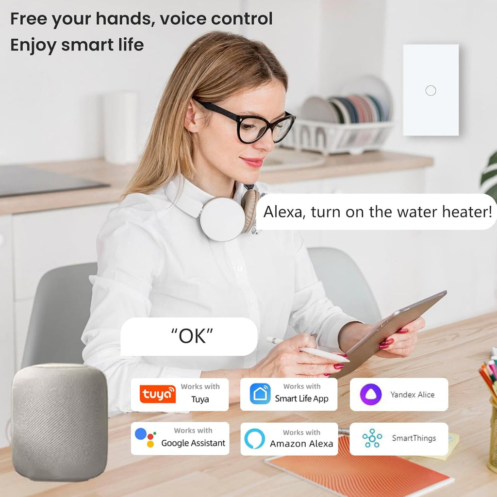 Smart Light Switch 20A 118X72X34MM Need Neutral Wire,2.4GHz Wi-Fi Touch Switch,Work with Smart Life/Tuya App, Compatible with Alexa and Google Home, White 1 Gang