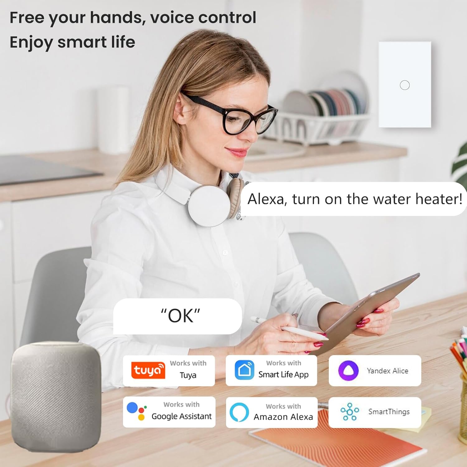 Smart Light Switch 20A 118X72X34MM Need Neutral Wire,2.4GHz Wi-Fi Touch Switch,Work with Smart Life/Tuya App, Compatible with Alexa and Google Home, White 1 Gang