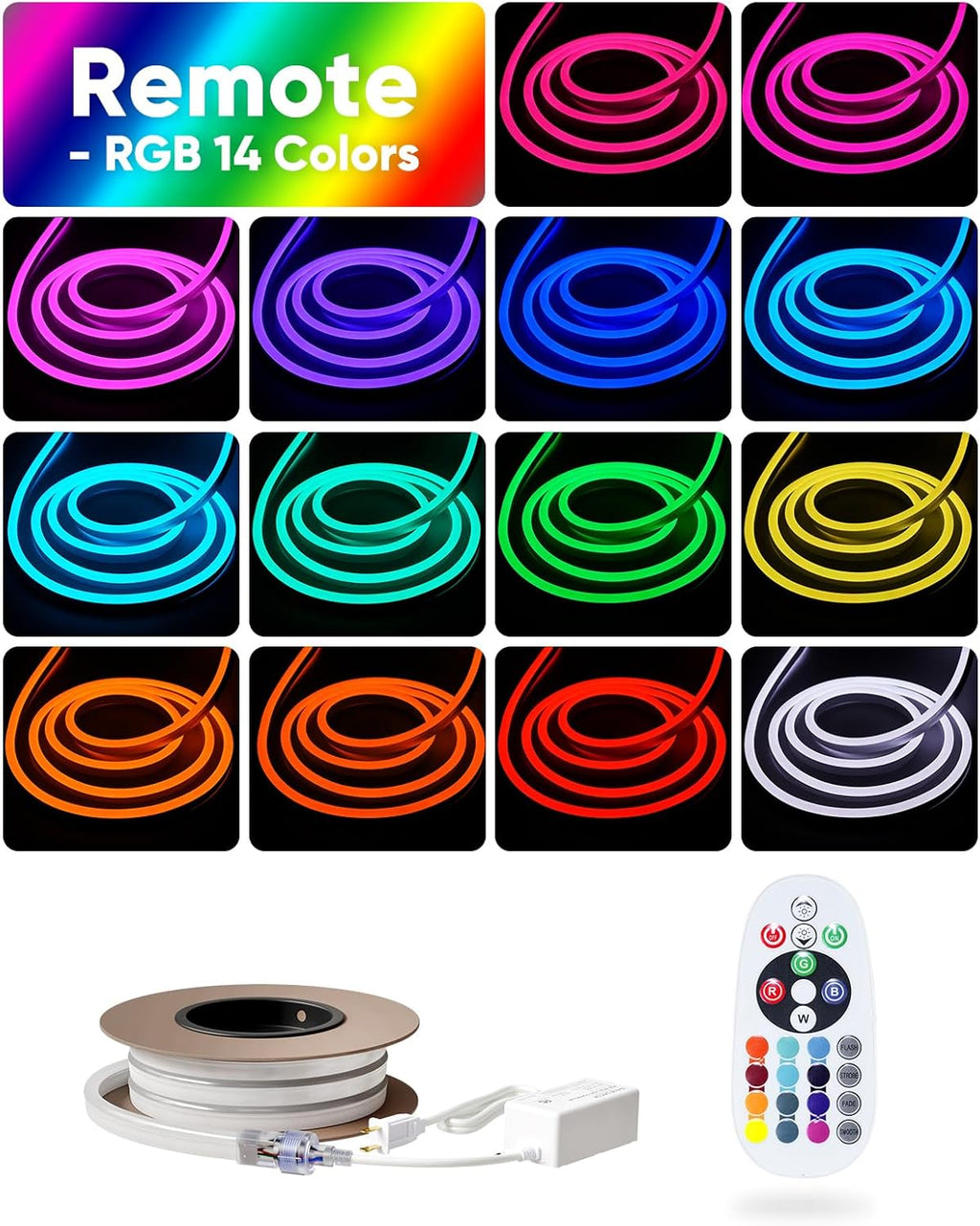 Shine Decor LED RGB Neon Rope Lights AC 120V, Expandable & Cuttable Bright Strip Lighting with Remote, Dimmable Color Changing, ETL Cold-Resistant & IP65 Waterproof for in&Outdoor, 10x20mm, 16.4FT