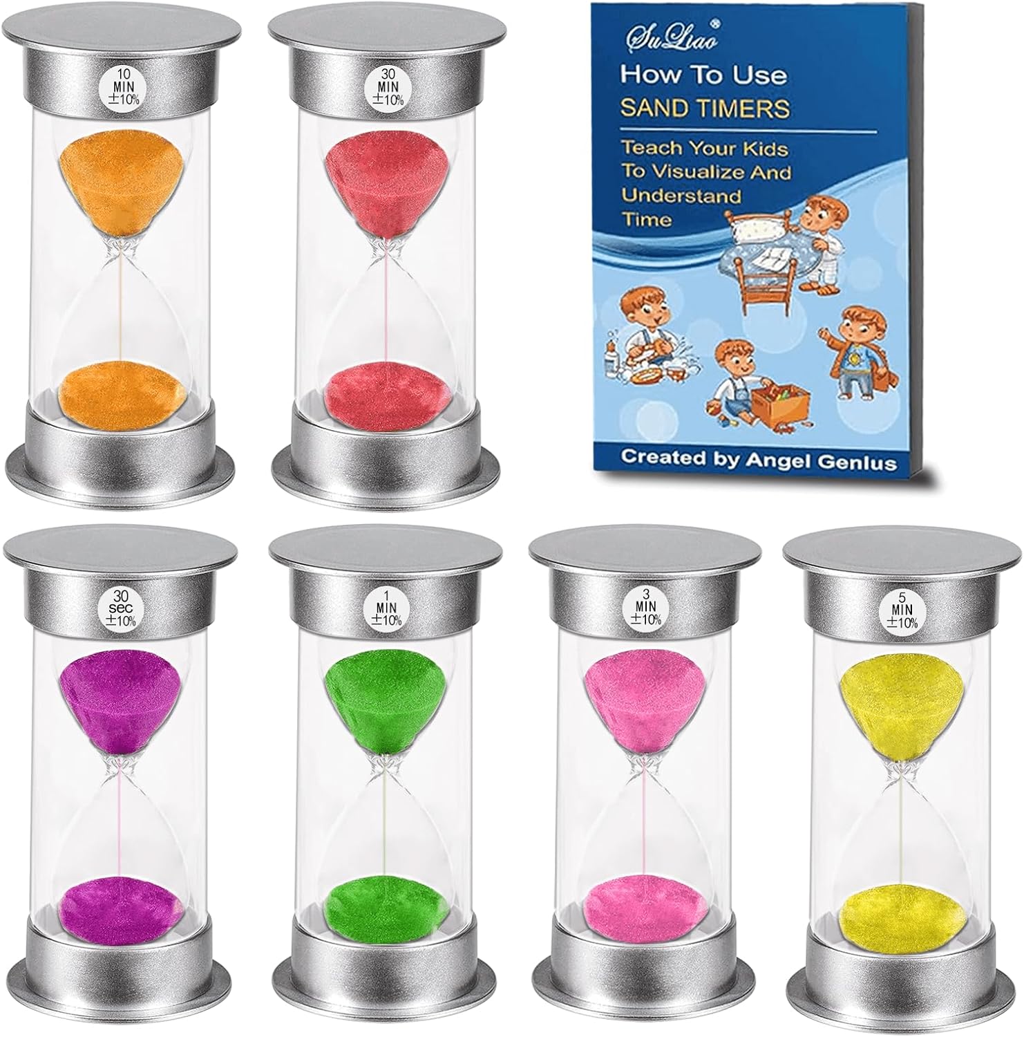 SuLiao Hourglass Sand Timer 30Sec 1 3 5 10 30 Minutes Set, Plastic Large Unbreakable Sand Watch Clock, Colorful Hour Glass Sandglass for Kids, Classroom, Games, Kitchen（Pack of 6）