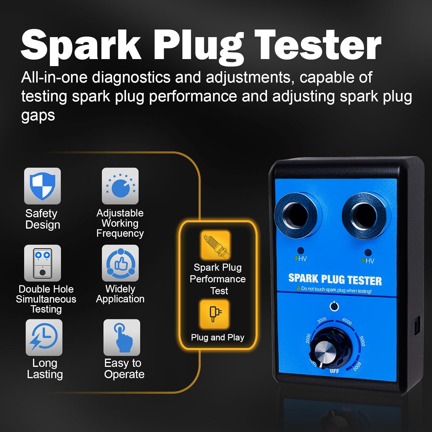 Spark Plug Tester & Spark Plug Gap Tool Kit 0 to 6000RPM with Double Hole Spark Plug Adjustable Gap Tool with Feeler Gauge Ignition Coil Tester for 12V Gasoline Vehicles Spark Plug Socket
