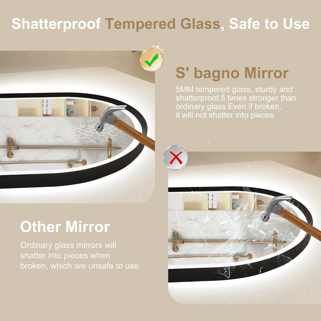 S'bagno 24x36 Arched Black LED Mirror for Bathroom with Frontlit & Backlit, LED Bathroom Mirror with Metal Frame, Anti-Fog, Stepless Dimmable, 3 Color Temperature Vanity Mirror