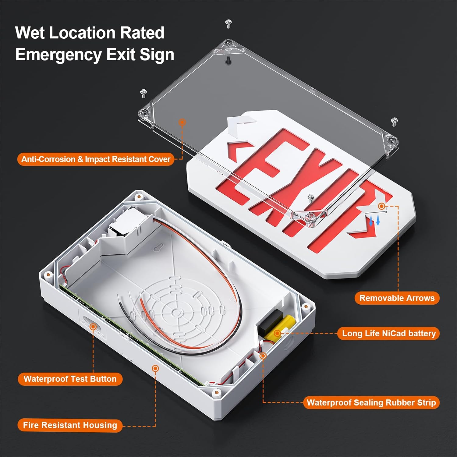 Wet Location Exit Sign,Exterior Weatherproof LED Exit Light with Battery Backup,Switchable Red/Green Colors,Double Sided Emergency exit sign,Outdoor Waterproof Hardwired Emergency Exit Light,120V/277VAC,UL Listed(2 Pack)
