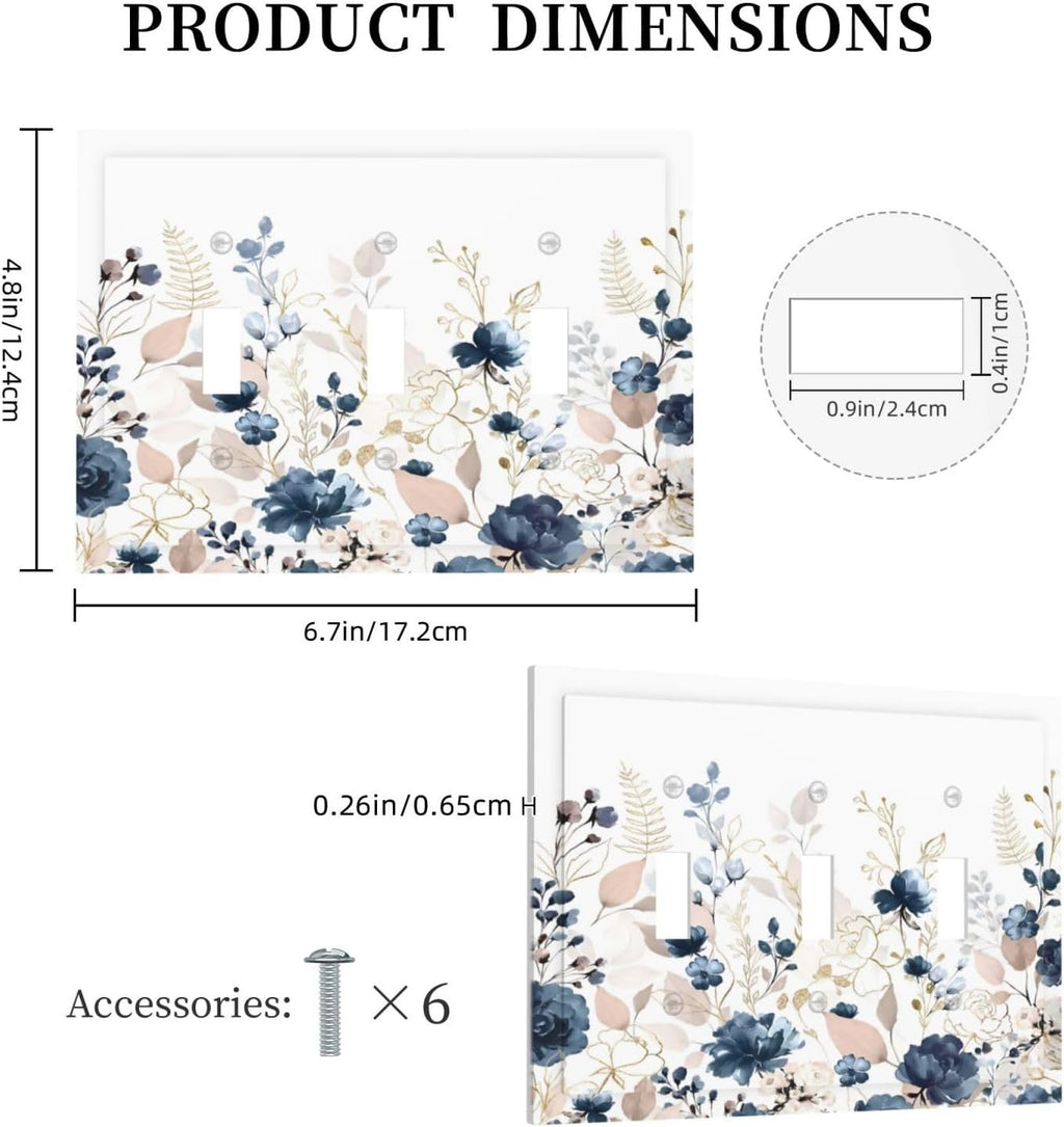 Blue Flora Boho Vintage Flower Golden Leaves Decorative Switch Plates 3 Gang Wall Plate Triple Toggle Light Switch Cover Faceplate Electrical Wall Panels for Bedroom Living Room Decor