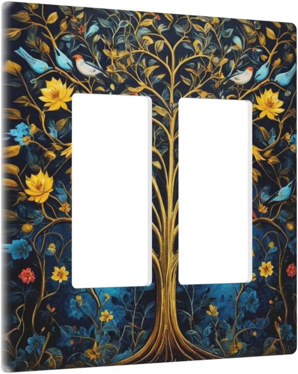 Gold Tree With Birds Flowers on Branches Dual Outlet Covers Wall Plate 2 Gang Rocker Decora Decorative Switchplate Electrical Faceplate GFCI Light Switch Covers for Farmhouse Living Decor