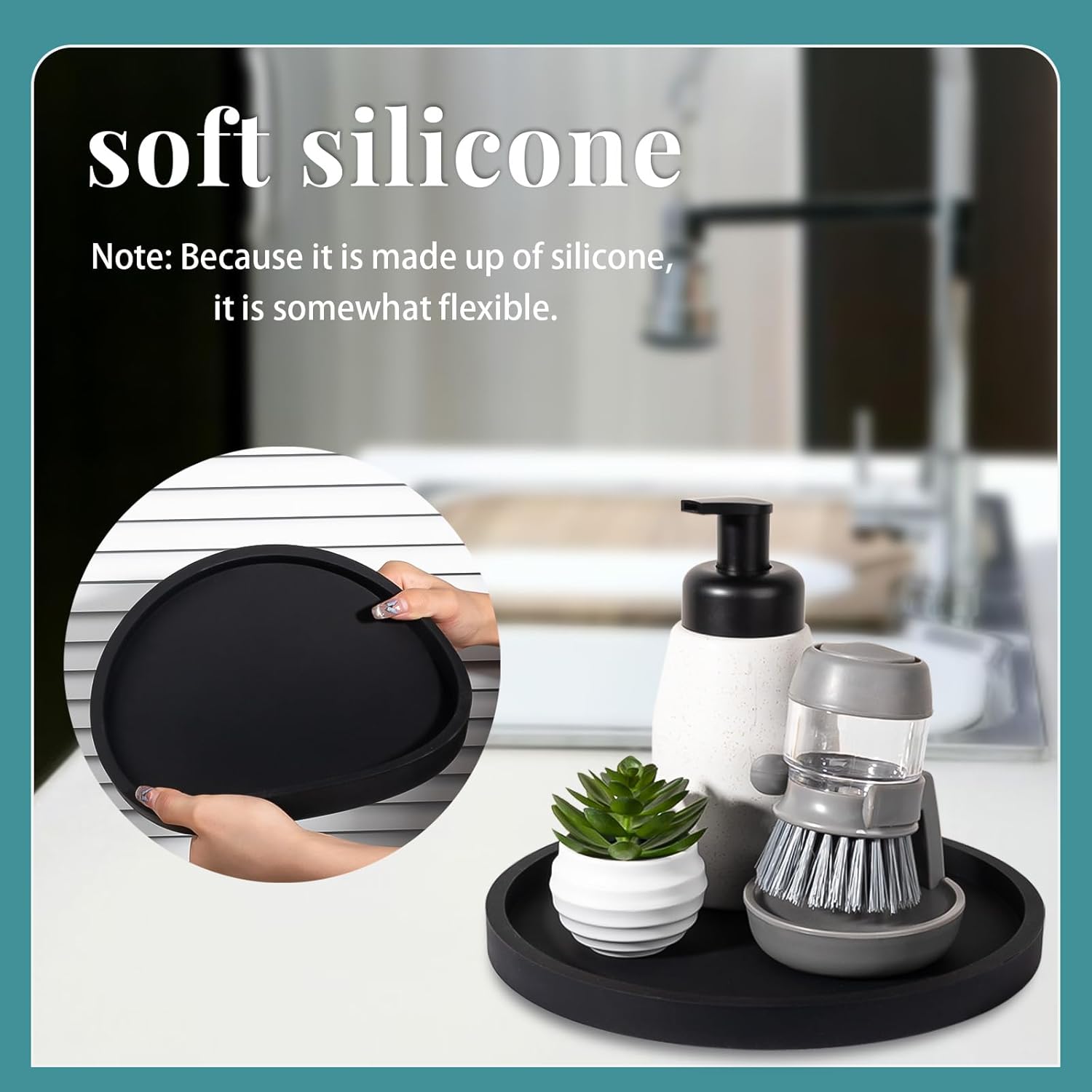 Silicone Bathroom Tray Round Vanity Tray Decorative Soap Holder Kitchen Countertop Organizer Coffee Table Decor for Candle, Perfume, Plant, 10 Inch, Black