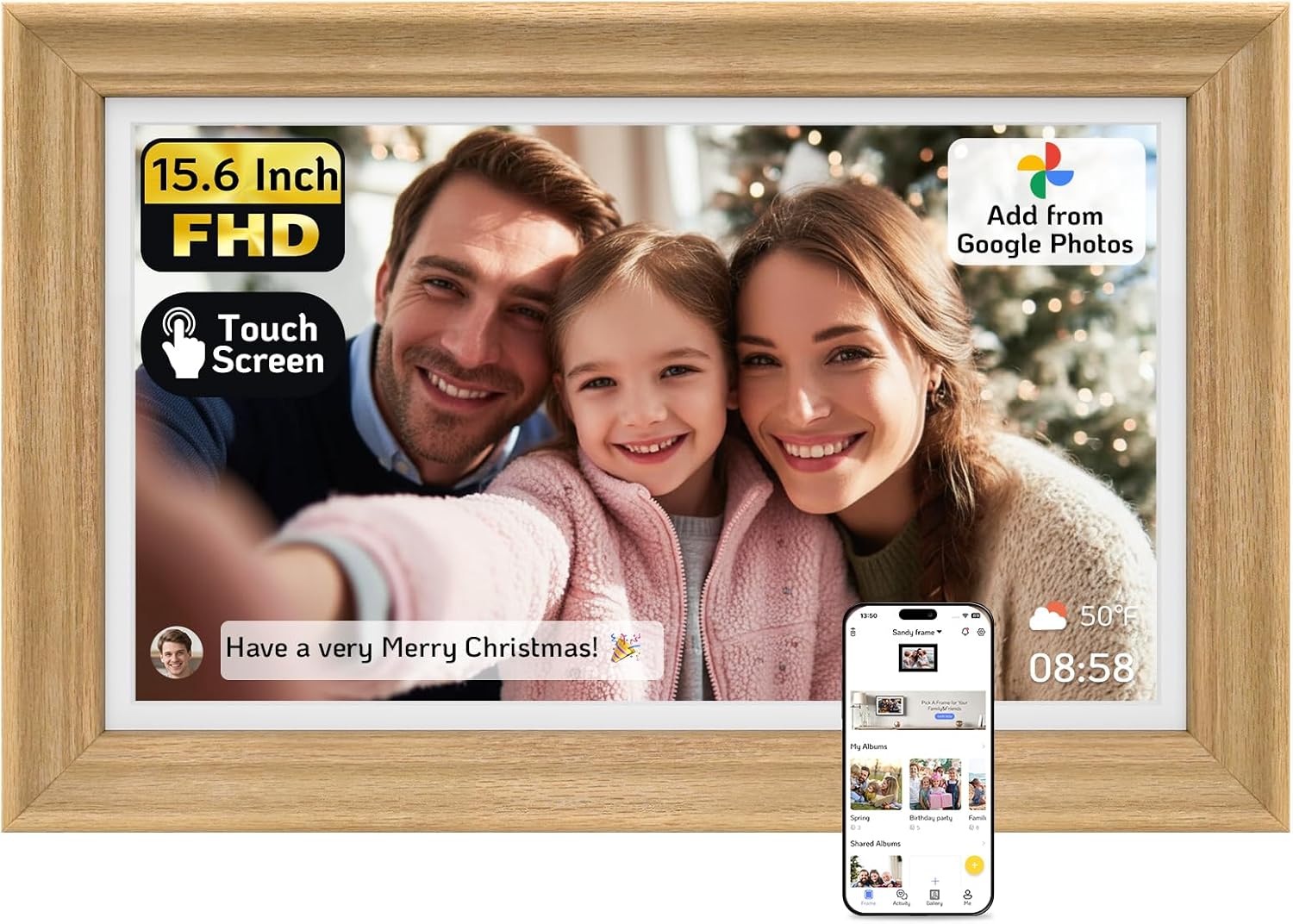 NexFoto 15.6'' Touchscreen Digital Picture Frame, 64GB Wood Electronic Picture Frame, FHD WiFi Digital Photo Frame, Add Photos from Google Photos, Share Videos, for Mom, Christmas/Birthday, Wood