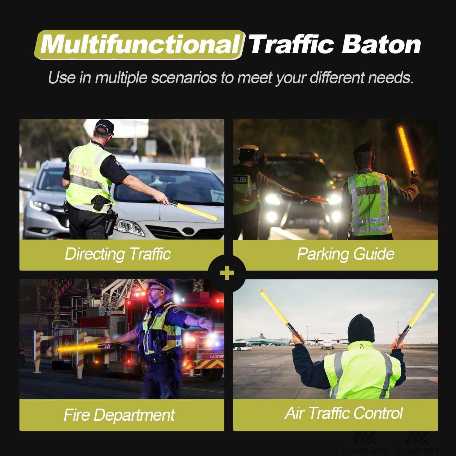 RoadHero 21 Inch Traffic Wand, Yellow LED Traffic Control Baton with 2 Flashing Modes, Night Safety Light Wand with Side Clip for Airport, Parking, Car Directing