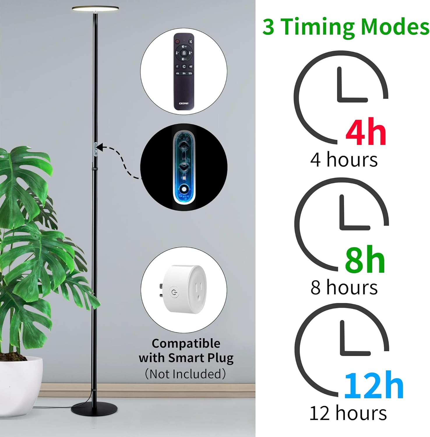 chiphy Grow Lights, 85" Full Spectrum Plant Light for Indoor Plants, 4/8/12H Timer, 40W Grow Lamp, 10 Dimmable Brightness, Height Adjustable, Ideal for Large Tall Plants