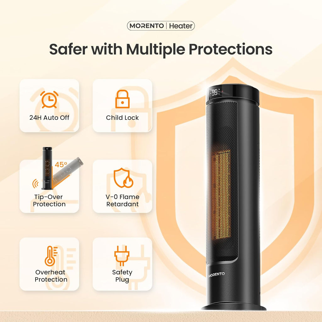 MORENTO Space Heater for Indoor Use, 1500W Ceramic Fast Heat, Electric Space Heater for Large Room with Remote, Thermostat, Digital Display, 5 Modes, 12H Timer, 70° Oscillation, 23dB Black 1 Pack