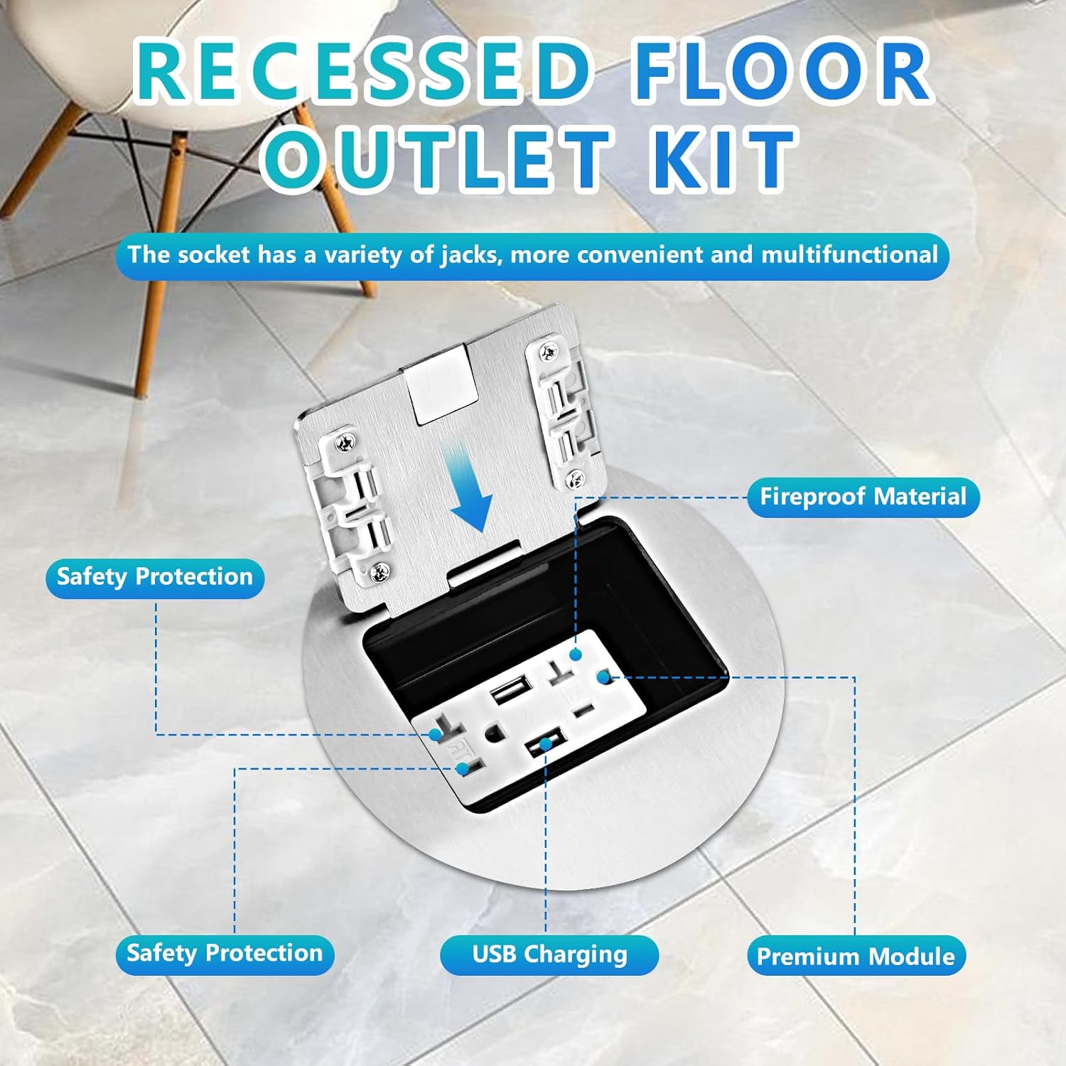 KYHSHJ Recessed Circular Floor Socket Kit with 2 * 20A Receptacle，4.8A*2 USB-A Ports ，Corrosive Resistant Hardware,Silver