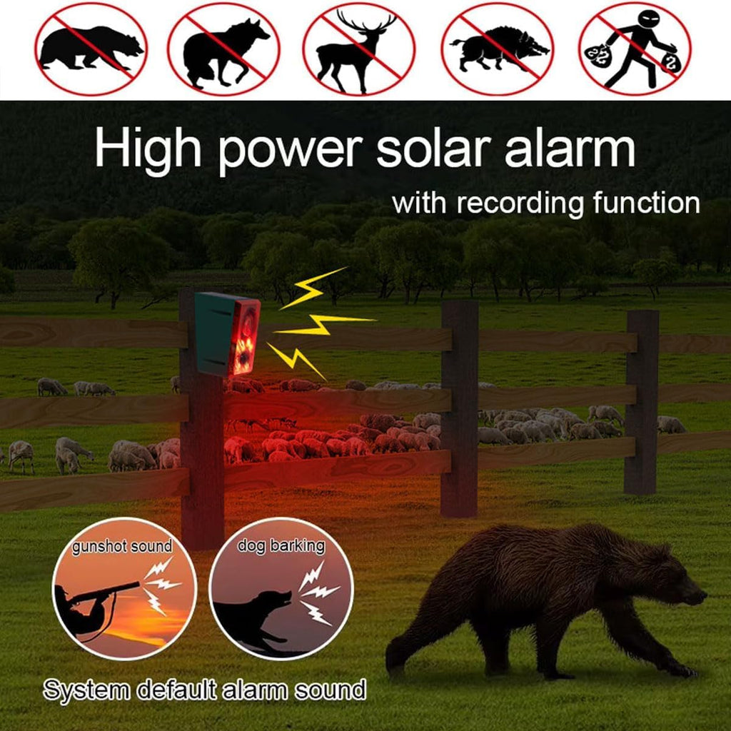 Solar Outdoor Motion Sensor Alarm - Barking Dog Motion Sensor, Motion Sensor Noise Maker with Remote Control 20 Second Recording, Say Goodbye to Intruders (911N-1)