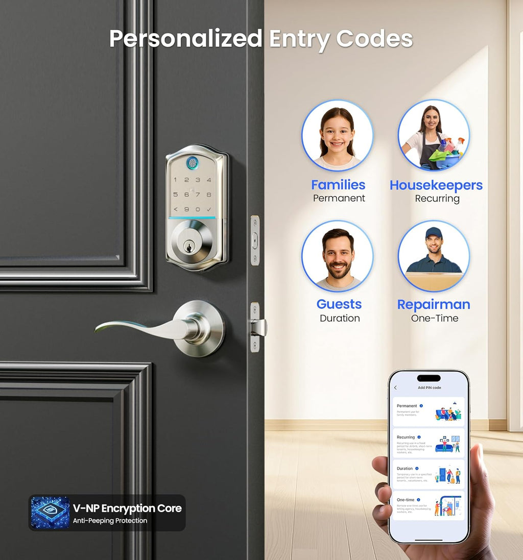 Veise VE017-L Fingerprint Smart Lock with 2 Lever Handles, Keyless Entry Front Door Lock Set, App Control, Electronic Digital Keypad Deadbolt, Easy Installation, Emergency Power Port, Satin Nickel