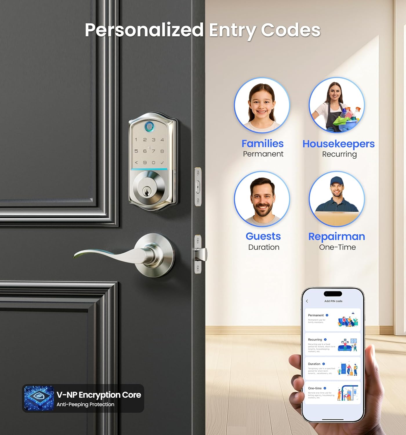 Veise VE017-L Fingerprint Smart Lock with 2 Lever Handles, Keyless Entry Front Door Lock Set, App Control, Electronic Digital Keypad Deadbolt, Easy Installation, Emergency Power Port, Satin Nickel