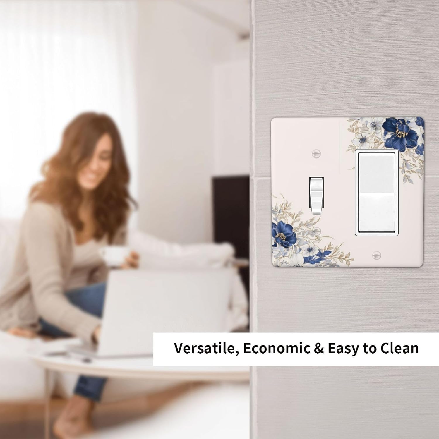 Decorative Outlet Covers Rustic Blue Beige Flower Peony Floral 2 Gang Light Switch Cover Plate Single Toggle 1 Rocker Wall Plates for Electrical Outlets Switch Plate Covers for Home Decor