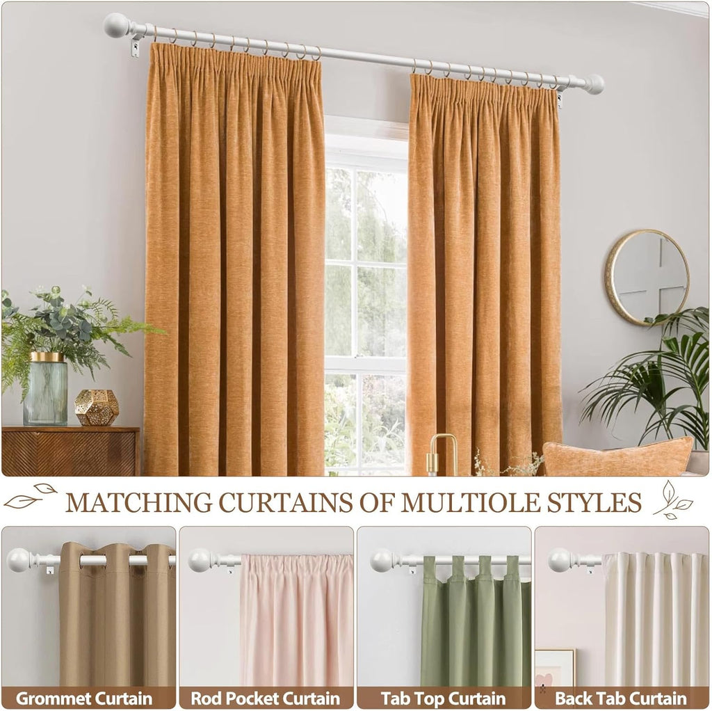 KAMANINA White Curtain Rods for Windows 48 to 84 Inch, 7/8 Inch Adjustable Curtain Rods 32 to 86 Inches (2.6-7.1ft), Single Drapery Rod Adjustable with Round Finials