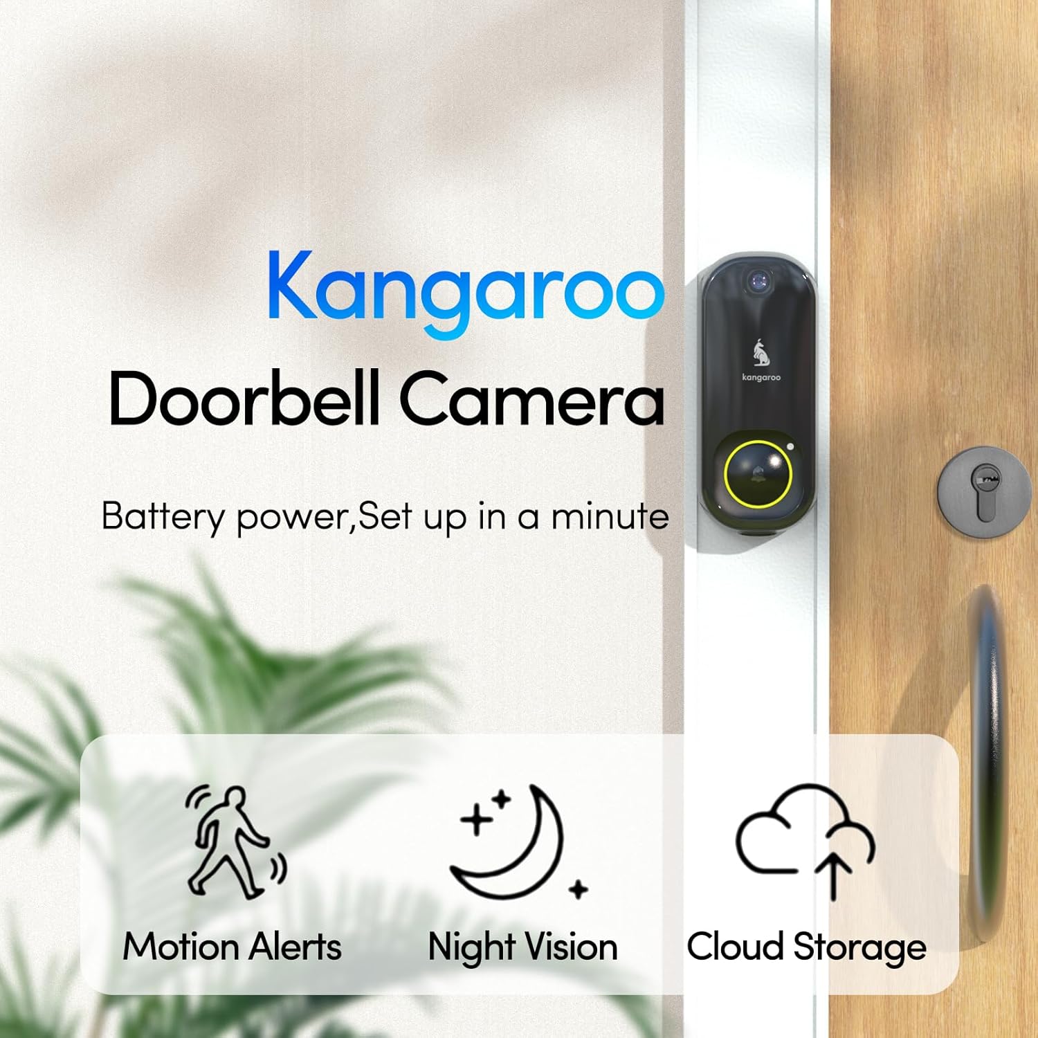 Kangaroo Wireless Doorbell+Chime,HD Camera,Easy Setup,Battery Power,Motion Detection,2.4G WiFi,Real-time Alerts to Phone,Door Bell for Home,Apartment and Office (1 Doorbell+1 Chime)