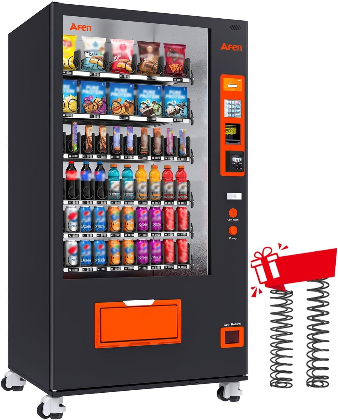 Afen Commercial Vending Machine with Bill & Coin Acceptor and Card Reader, 60 Slot Refrigerated Beverage Snack Combo Vending machine for Business, Durable Cashless Drink Vending in Bulk
