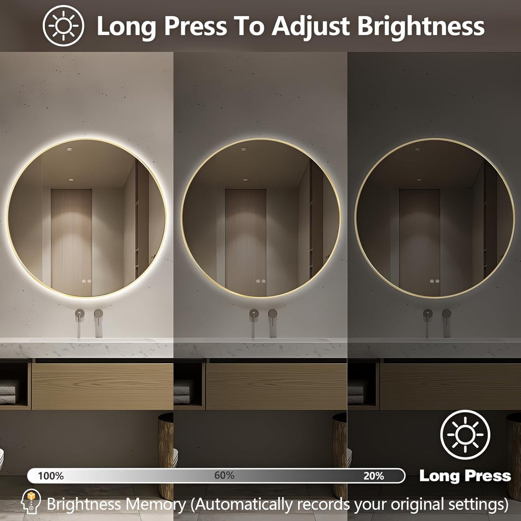 Niccy Round Led Mirror for Bathroom, 40" Backlit Mirrors for Wall Circle Lighted Mirror with Old Gold Frame Anti-Fog, 3 Colors, HD Glass and IP65 Waterproof