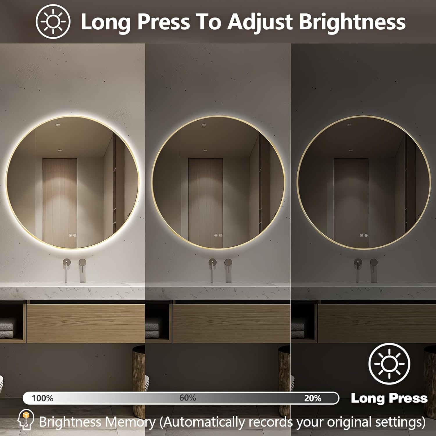 Niccy Round Led Mirror for Bathroom, 40" Backlit Mirrors for Wall Circle Lighted Mirror with Old Gold Frame Anti-Fog, 3 Colors, HD Glass and IP65 Waterproof