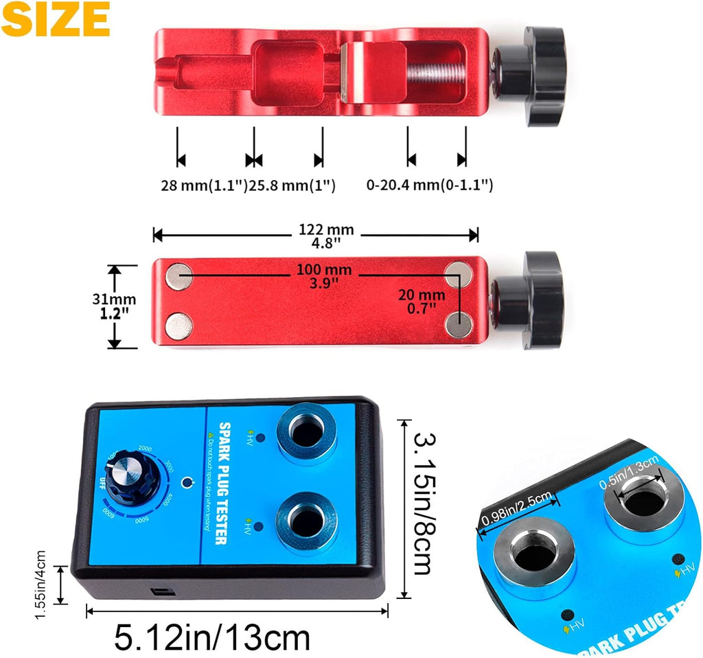 Spark Plug Tester & Spark Plug Gap Tool Kit 0 to 6000RPM with Double Hole Spark Plug Adjustable Gap Tool with Feeler Gauge Ignition Coil Tester for 12V Gasoline Vehicles Spark Plug Socket