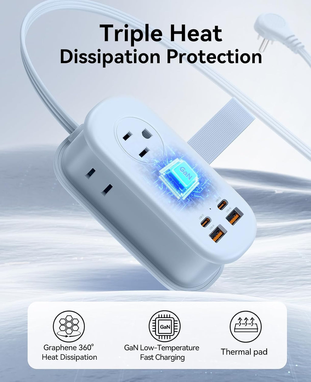 ORICO 65W GaN Travel Power Strip with 7-in-1 Charging Ports (3 AC Outlets/2 USB-A/2 USB-C), Flat Plug and 4FT Extension Cord, Fast Charger for MacBook Pro/Air, iPad Pro, iPhone 17/16/15- AP3