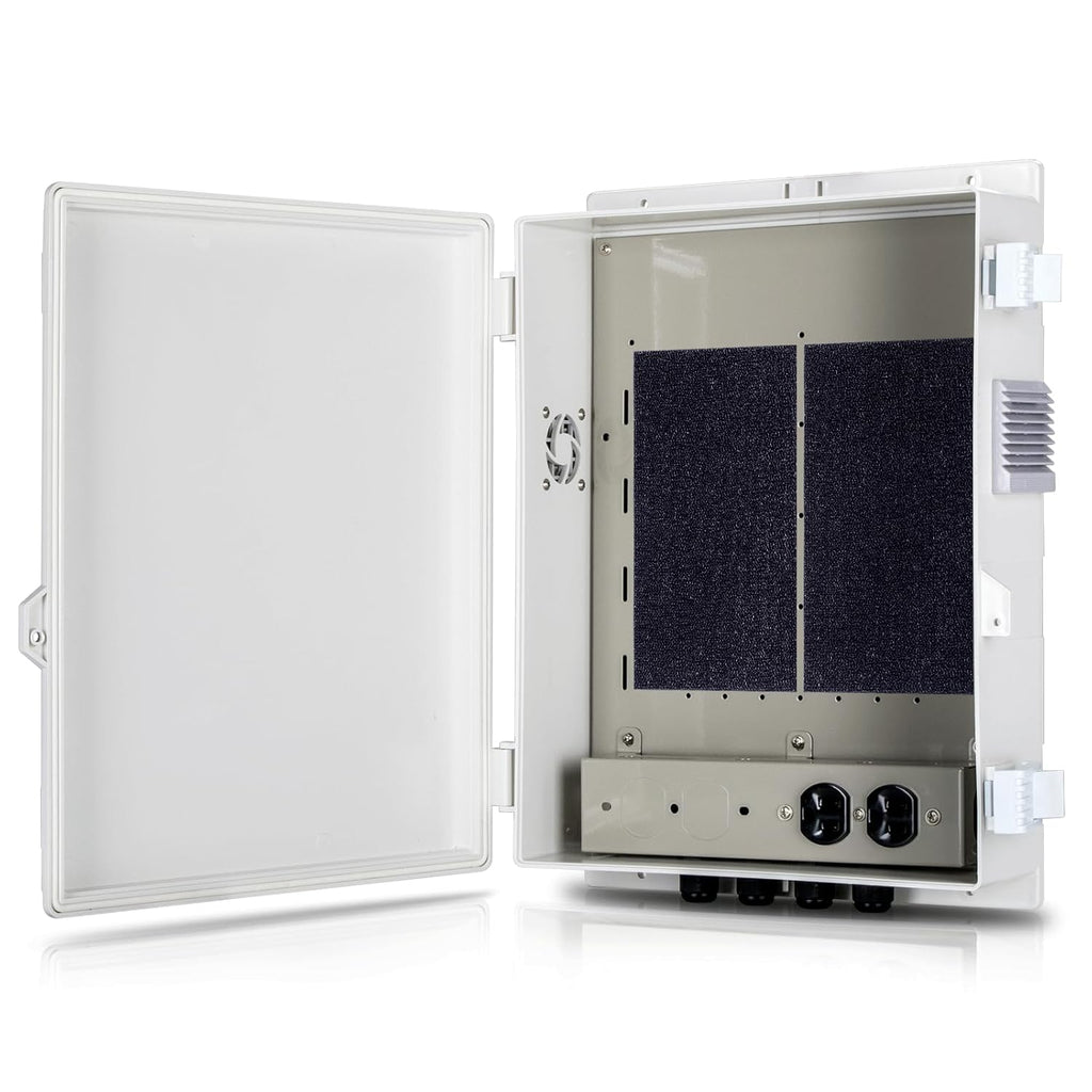 Outdoor Electrical Junction Box with High Power Outlet, ABS Water Resistant Enclosure with Internal Mounting Panel & Hinged Cover (16" H* 12" L* 4" W)
