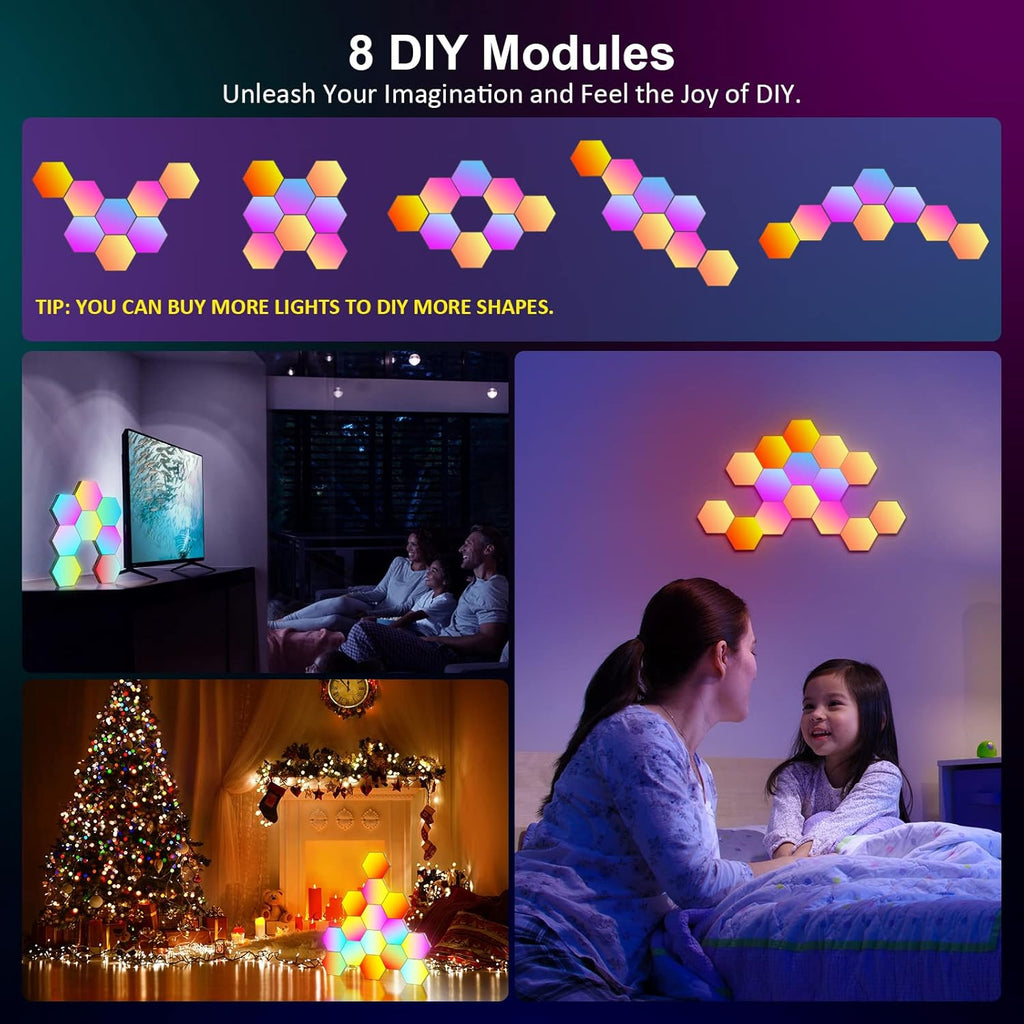 OJQ 8 Pack Hexagon Lights Wall RGB Panel - Hexagonal Led Lights Room Decor Wall Lights Smart APP Music with Sync Honeycomb Shape Panels Hexagon Gaming Night Lights for Bedroom Children