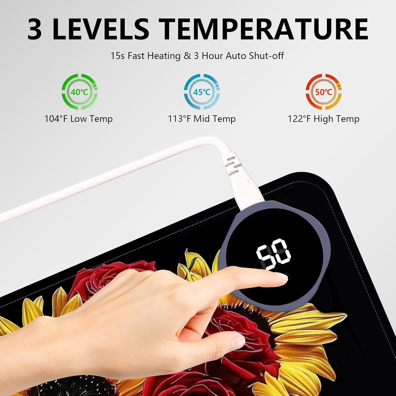 Heated Mouse Pad with 3 Levels Heated & 3 Hours Auto Shut-Off Mouse Pad for Warming Hands in Office Home, 23.6" x 14.2"Large Safe Desk Mat Hand Warmer，Rose Sunflower