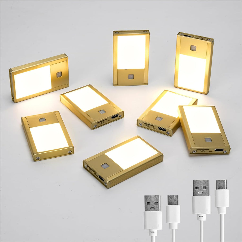 Rechargeable Motion Sensor Night Lights, 8-Pack - Painted Gold Aluminum Alloy, Ultra-Compact Magnetic Mount, 3000K Warm White Glow, Ideal for Hallways, Bedrooms, Stairs & Nightly Use