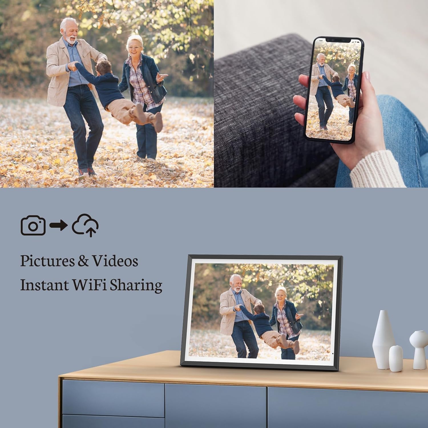 BSIMB 13.5 Inch Digital Picture Frame, 3K Resolution Ultimate Clarity Touch Screen Large WiFi Electronic Photo Frame Display 32GB, Share Pictures/Videos via App/USB/SD Easy Setup Gifts for Mom, Black