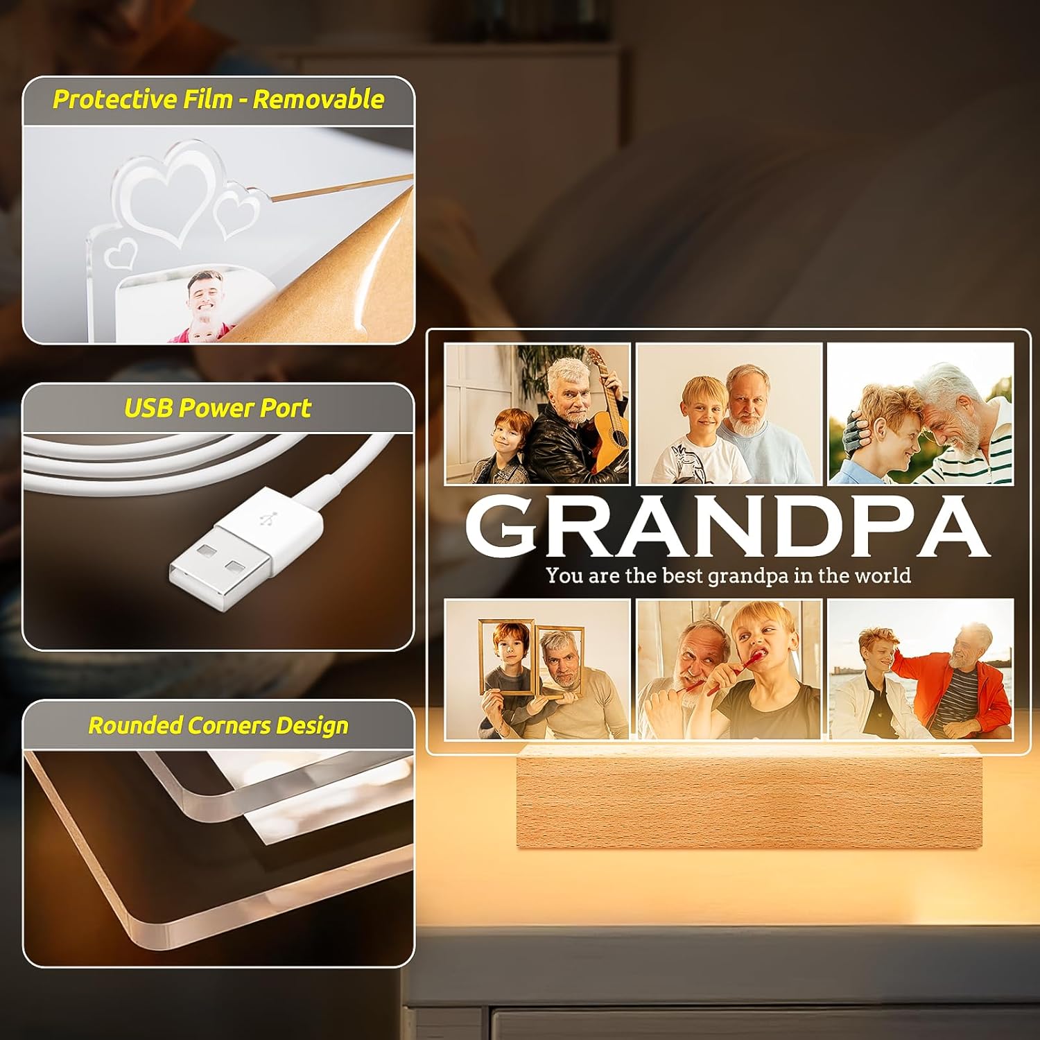 Personalized Gifts for Grandpa from Daughter Son, Custom Picture Frames with Photos, Customized Photo Frame with Night Light, Personalized Birthday Gifts for Grandpa Baby Kids Family