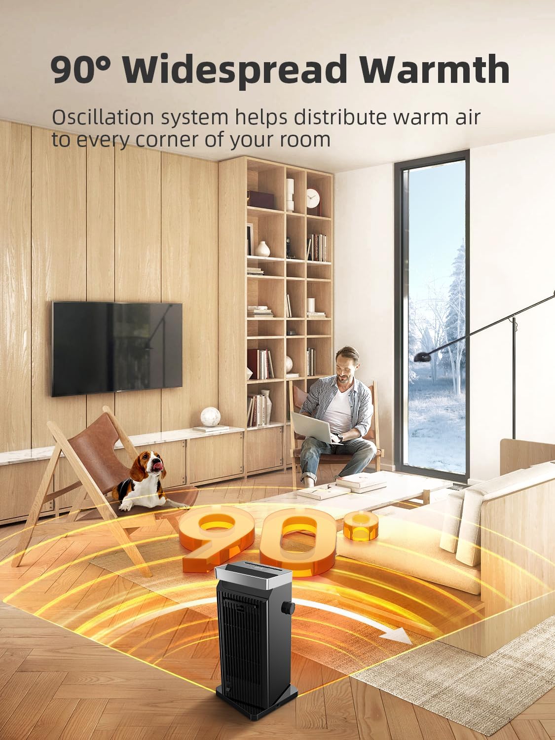 BREEZOME Space Heater for Indoor Use, 1500W Fast Heating Electric Heater with Thermostat, 90°Oscillating PTC Ceramic Heater, 24H Timer