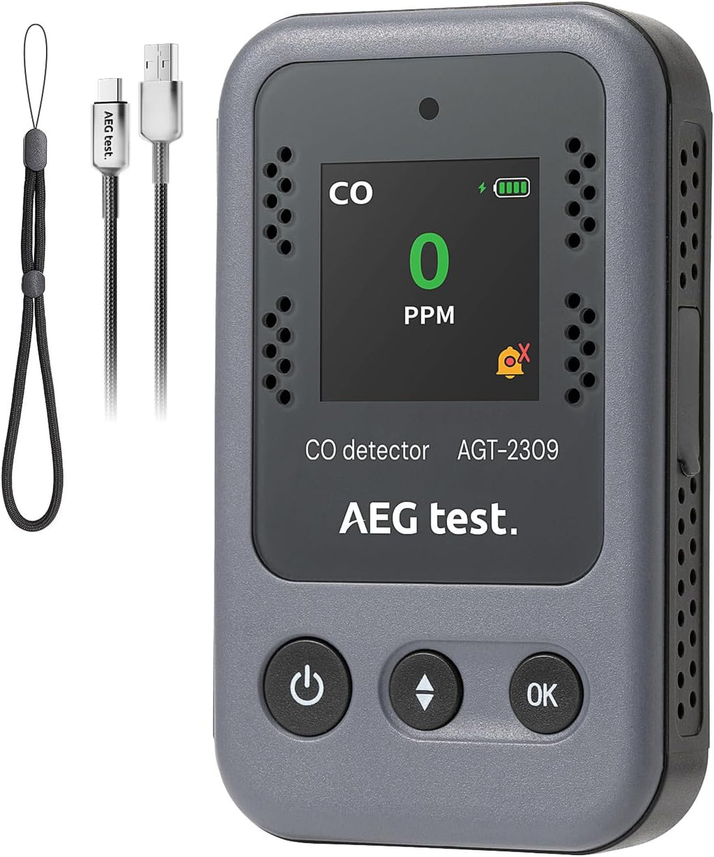AGT-2309 Portable Carbon Monoxide Detector, 15-Day Standby, Rechargeable Mini CO Monitor with Lanyard for Travel & Camping, Handheld CO Meter with Audible & Visual Alerts, 0-1000ppm - Gray