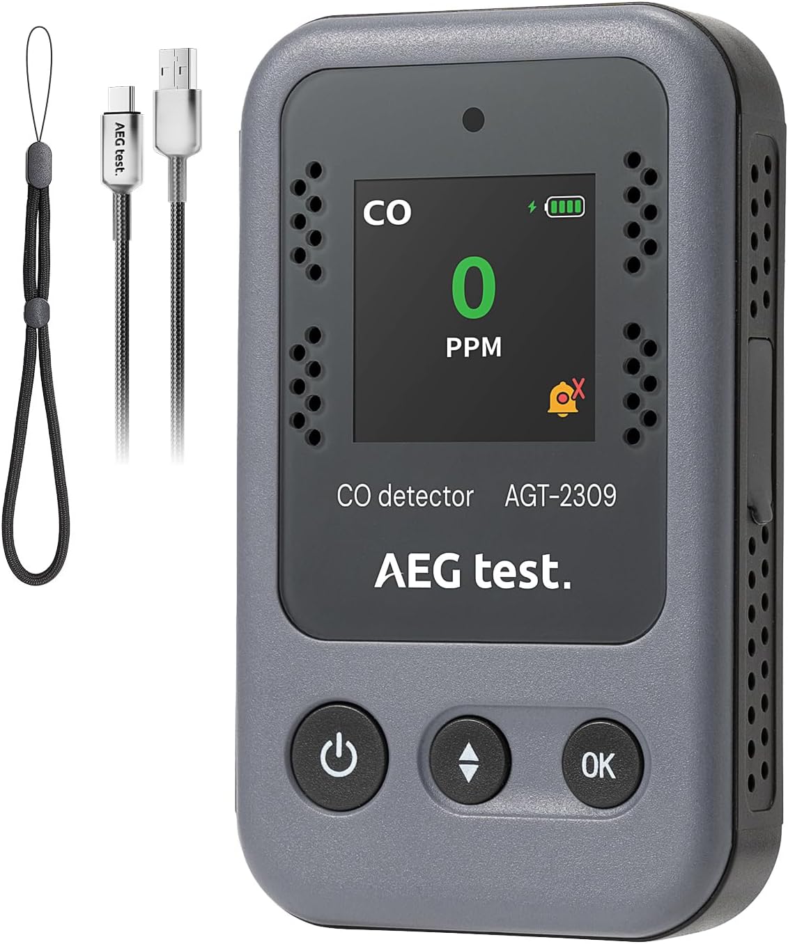 AGT-2309 Portable Carbon Monoxide Detector, 15-Day Standby, Rechargeable Mini CO Monitor with Lanyard for Travel & Camping, Handheld CO Meter with Audible & Visual Alerts, 0-1000ppm - Gray