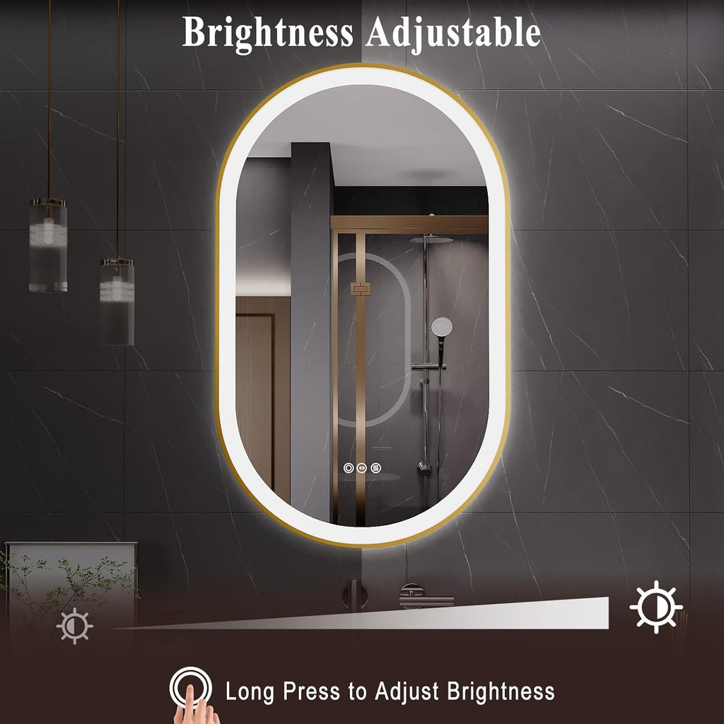 LED Mirror for Bathroom, 24x40 Inch Vanity Mirror with Lights，Anti-Fog Oval Bathroom Mirror, 3 Colors and Stepless Dimmable Wall Mounted Makeup Mirror with Metal Frame