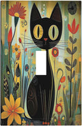 Funny Cat Retro Abstract Flowers Kitten Decorative Light Switch Cover 1 Gang Single Toggle Device Electrical Faceplate Switchplates Decorator Outlet Wall Plate For Kids Room Bed Room Decor