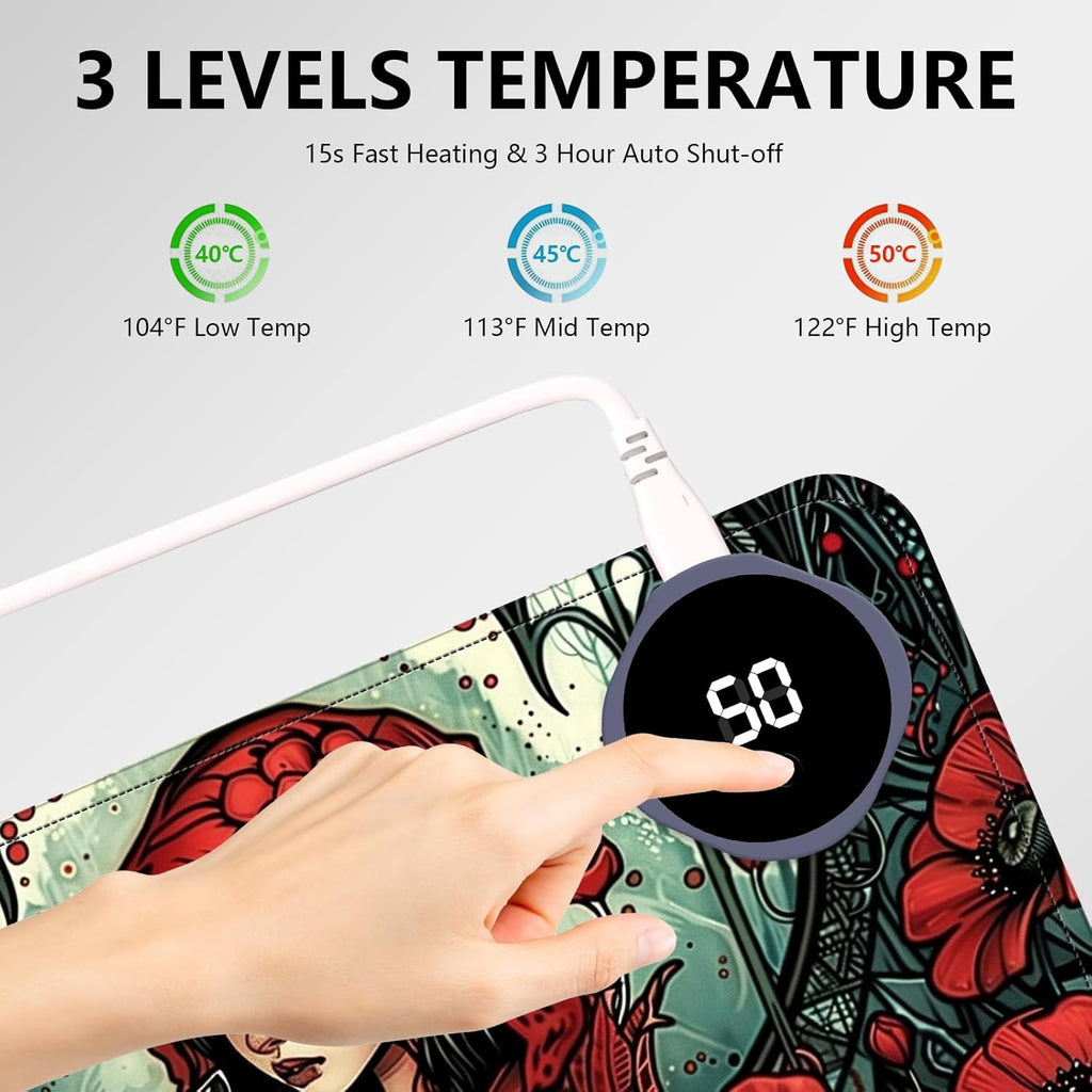 Heated Mouse Pad with 3 Levels Heated & 3 Hours Auto Shut-Off Mouse Pad for Warming Hands in Office Home, 23.6" x 14.2"Large Safe Desk Mat Hand Warmer，Girl White Fox